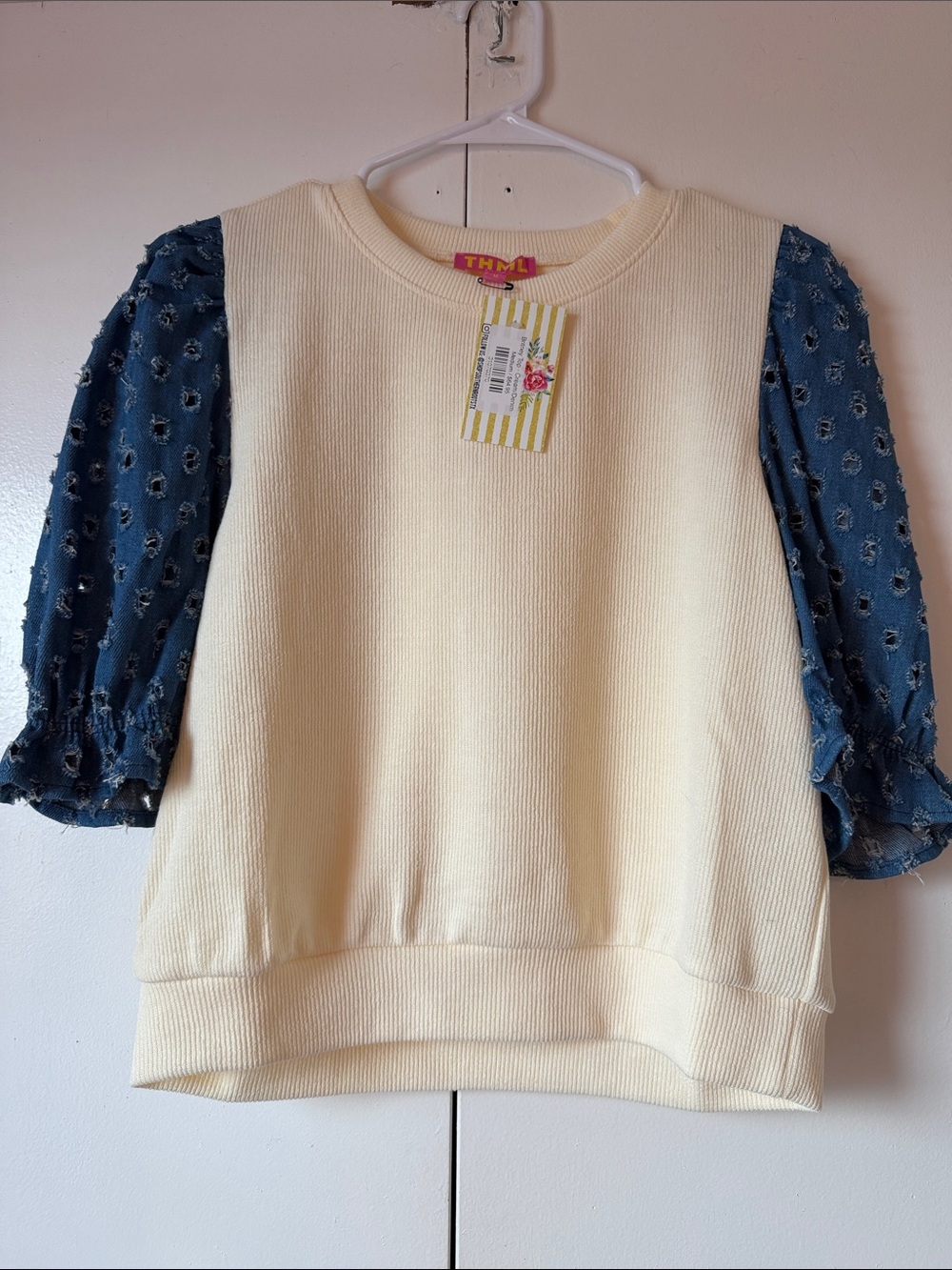 THML Cream Sweater Top with Blue Puff Sleeves